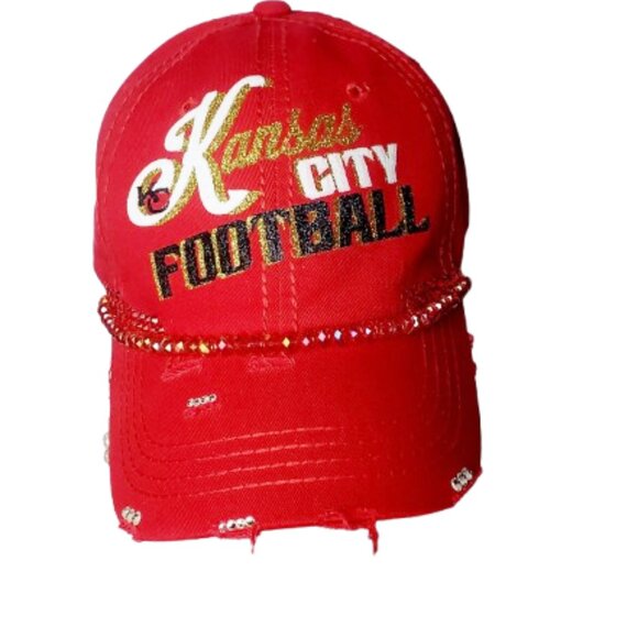 Kansas City Football Red Fitted Baseball Cap with Beads, Swrki.Cry. & Glitter. - Picture 3 of 4